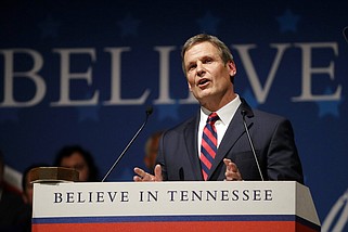 Tennessee Gov. Bill Lee delivers his inaugural address in 2019 in Nashville. The governor has signed a bill naming a collection of official state books, including the Christian Bible and no other religious texts. (AP /Mark Humphrey)